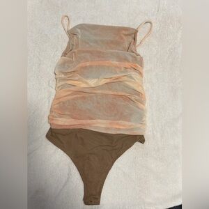 JLUXLABEL Ruched Chemise in Tan and Cream